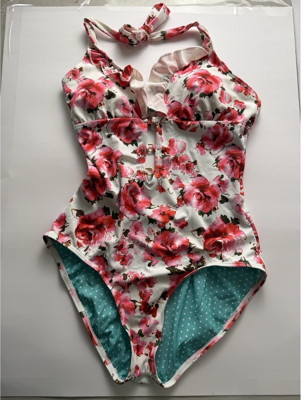 GUESS Pink Floral One Piece Swimsuit Gold Details Ruffles Size Medium Beach